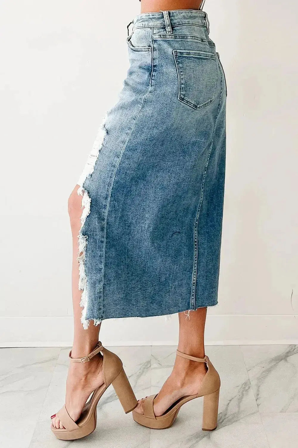 Distressed Asymmetrical Denim Skirt with Frayed Hem - Plush Fashion Hub