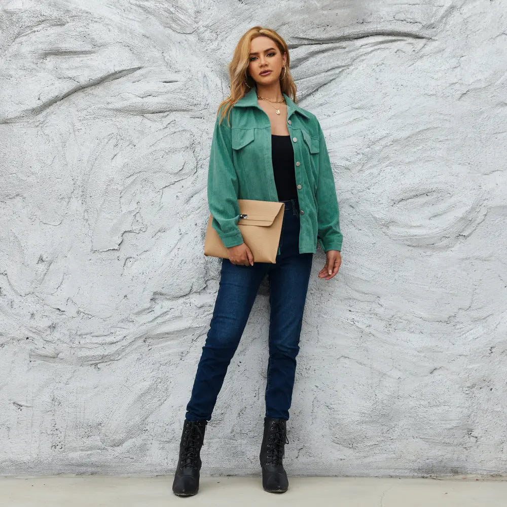 Autumn Winter Coat Color Matching Corduroy Jacket Coat for Women Shirt Solid Color Direct Perfecsy