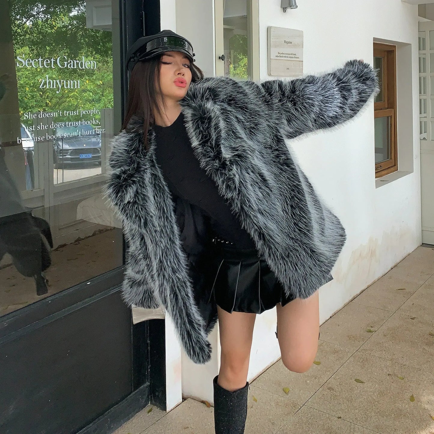 Autumn Winter Faux Fur Coat Women Collared Mid Length Fox Fur Loose Casual Thickening Plush Trendy Cool Perfecsy