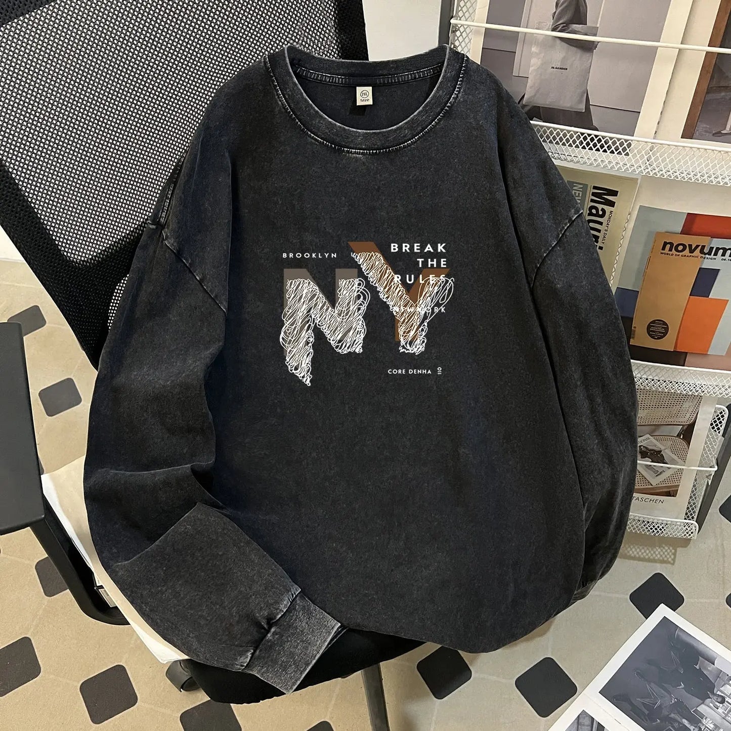 Autumn Winter Retro Washed Heavy Cotton Niche round Neck Brand Hip Hop Long Sleeve T shirt Women Perfecsy