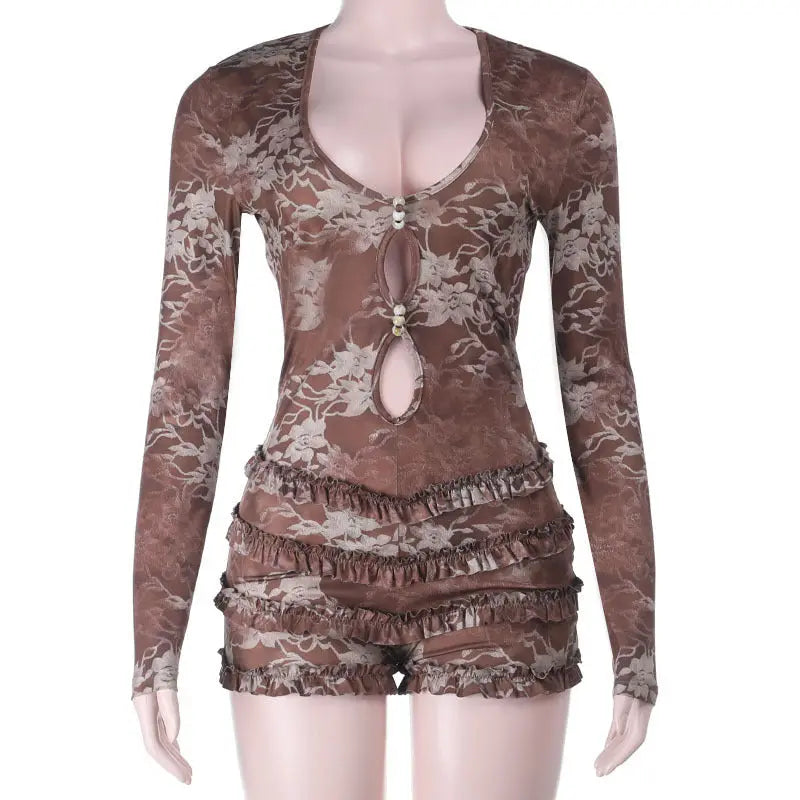 Autumn Winter Sexy Tight Deep V Plunge Long Sleeve Printing Romper Perfecsy