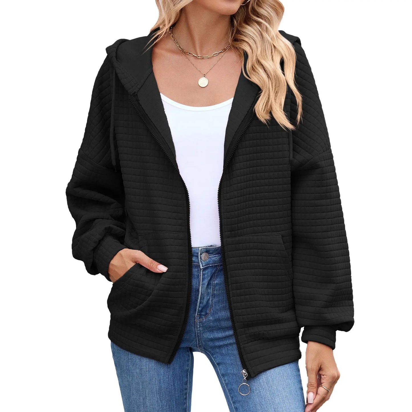 Autumn Winter Solid Color Long Sleeve Zipper Hooded Pocket Sweatshirt Coat Women Perfecsy