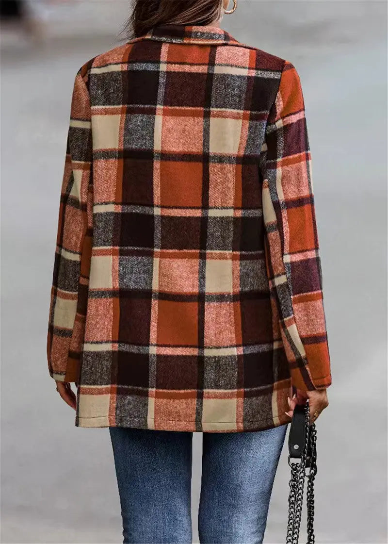 Autumn Winter Women Clothing Loose Printed Checks Long Sleeve Pocket Woolen Coat Top Outerwear Perfecsy