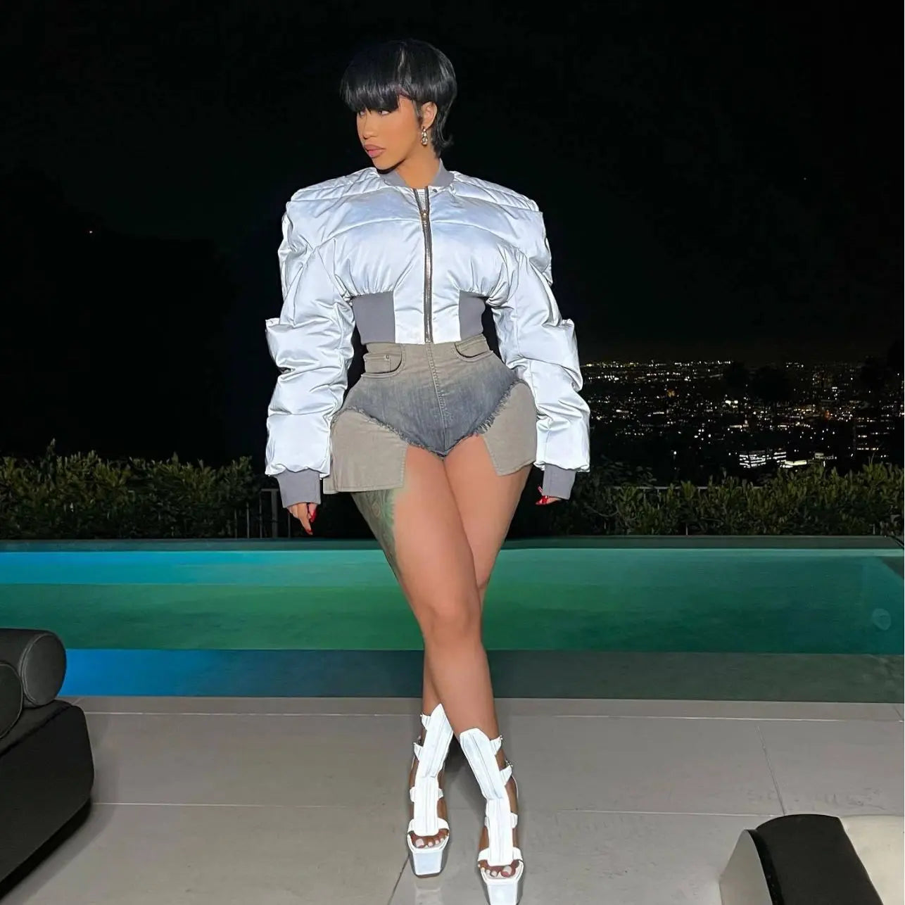 Autumn Winter Women Clothing Round Neck Long Sleeve Zipper Waist Warm Casual Reflective Cotton Padded Coat Perfecsy