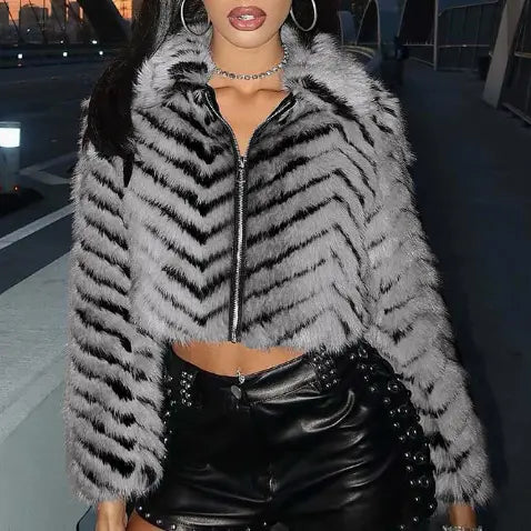 Autumn Winter Women Clothing Striped Collared Zipper Fur Coat Fur Short Coat Perfecsy