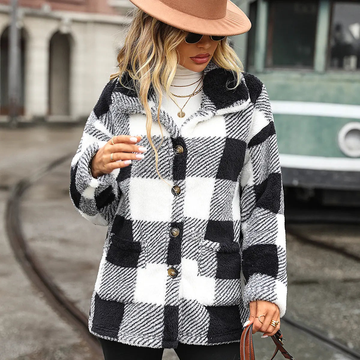 Autumn Winter Women Collared Long Sleeve Mid Length Plaid Single Breasted Plush Casual Jacket Perfecsy