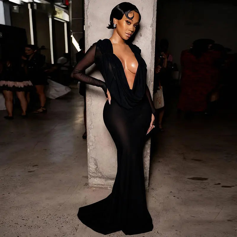 Autumn Winter Women Sexy Mesh See through Deep V Plunge neck Solid Color Slim Fit Long Sleeves Dress Women Perfecsy