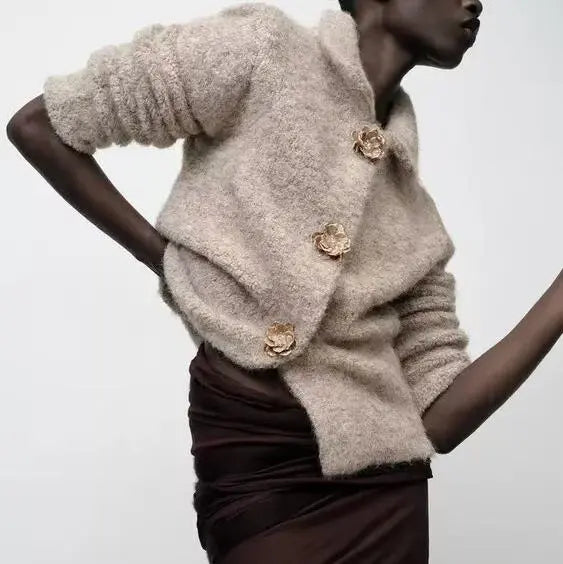 Autumn Women Elegant Knitted Cardigan Floral Button Perfecsy