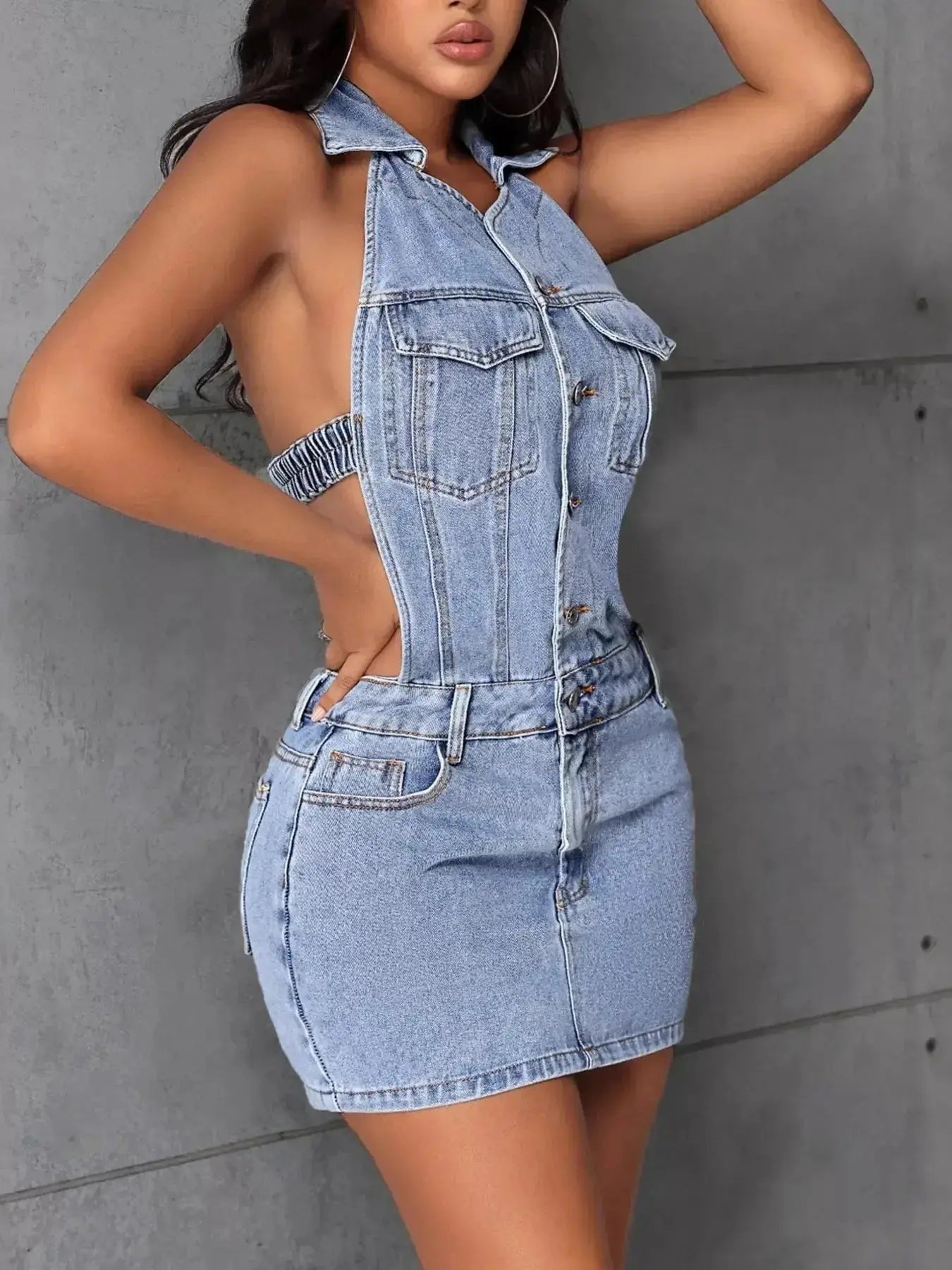 Backless Sleeveless Button Front Denim Mini Dress - Plush Fashion Hub
