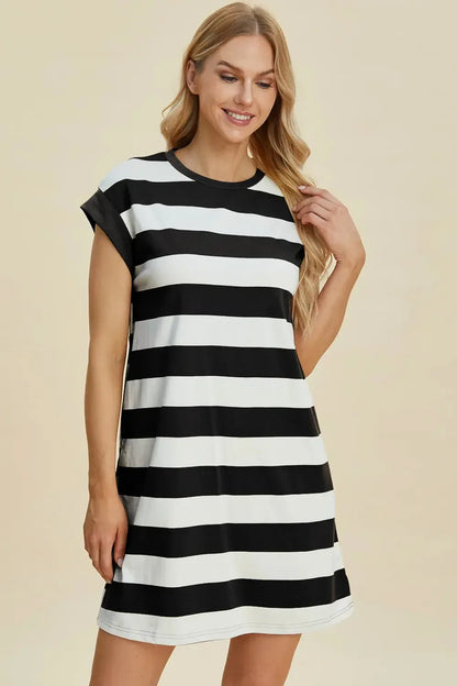 Basic Bae Full Size Striped Round Neck Cap Sleeve Mini Dress - Plush Fashion Hub