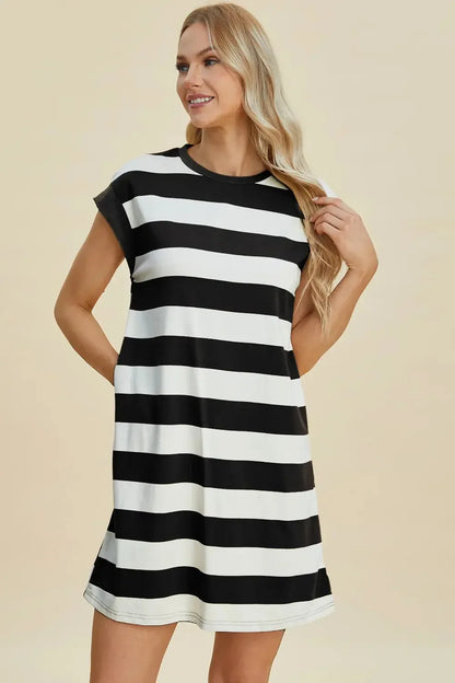 Basic Bae Full Size Striped Round Neck Cap Sleeve Mini Dress - Plush Fashion Hub