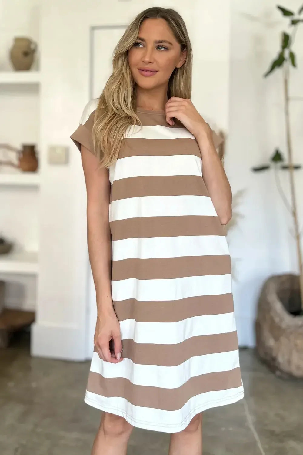 Basic Bae Full Size Striped Round Neck Cap Sleeve Mini Dress - Plush Fashion Hub