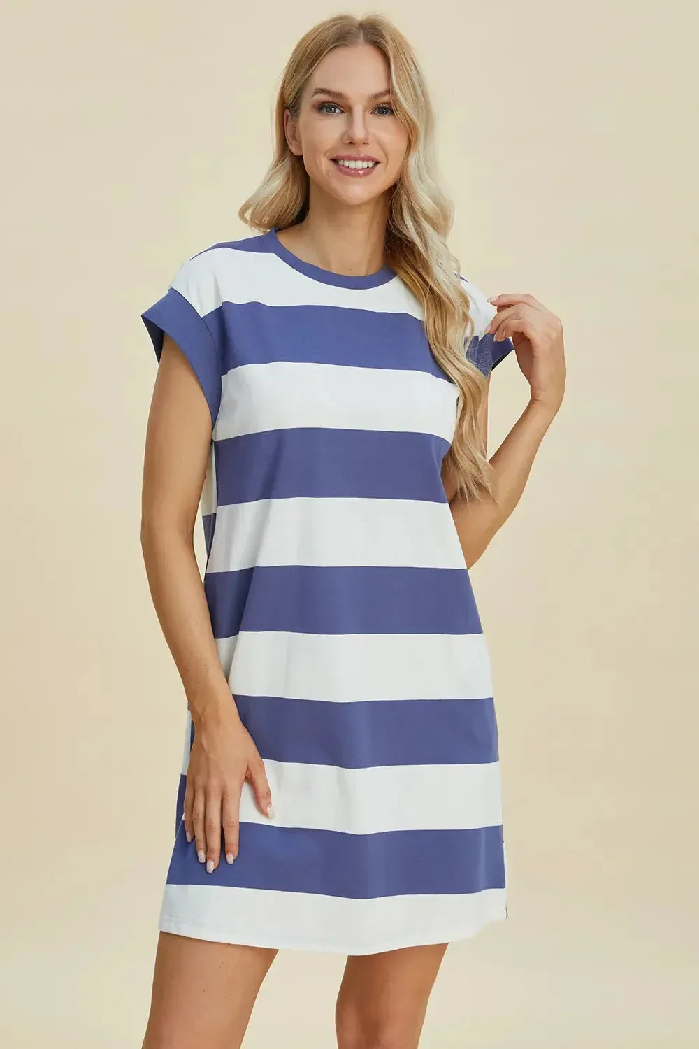 Basic Bae Full Size Striped Round Neck Cap Sleeve Mini Dress - Plush Fashion Hub
