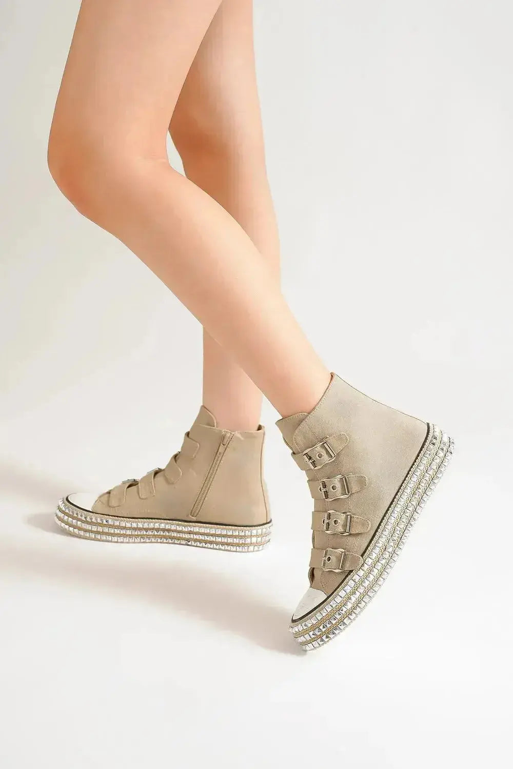 Beast Fashion Multi-Buckle Straps Studded Platform Sneakers - Plush Fashion Hub