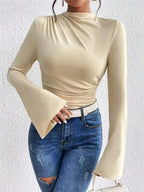 Bell Sleeve Ruched Fitted T-Shirt with Mock Neck - Plush Fashion Hub