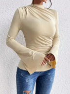 Bell Sleeve Ruched Fitted T-Shirt with Mock Neck - Plush Fashion Hub