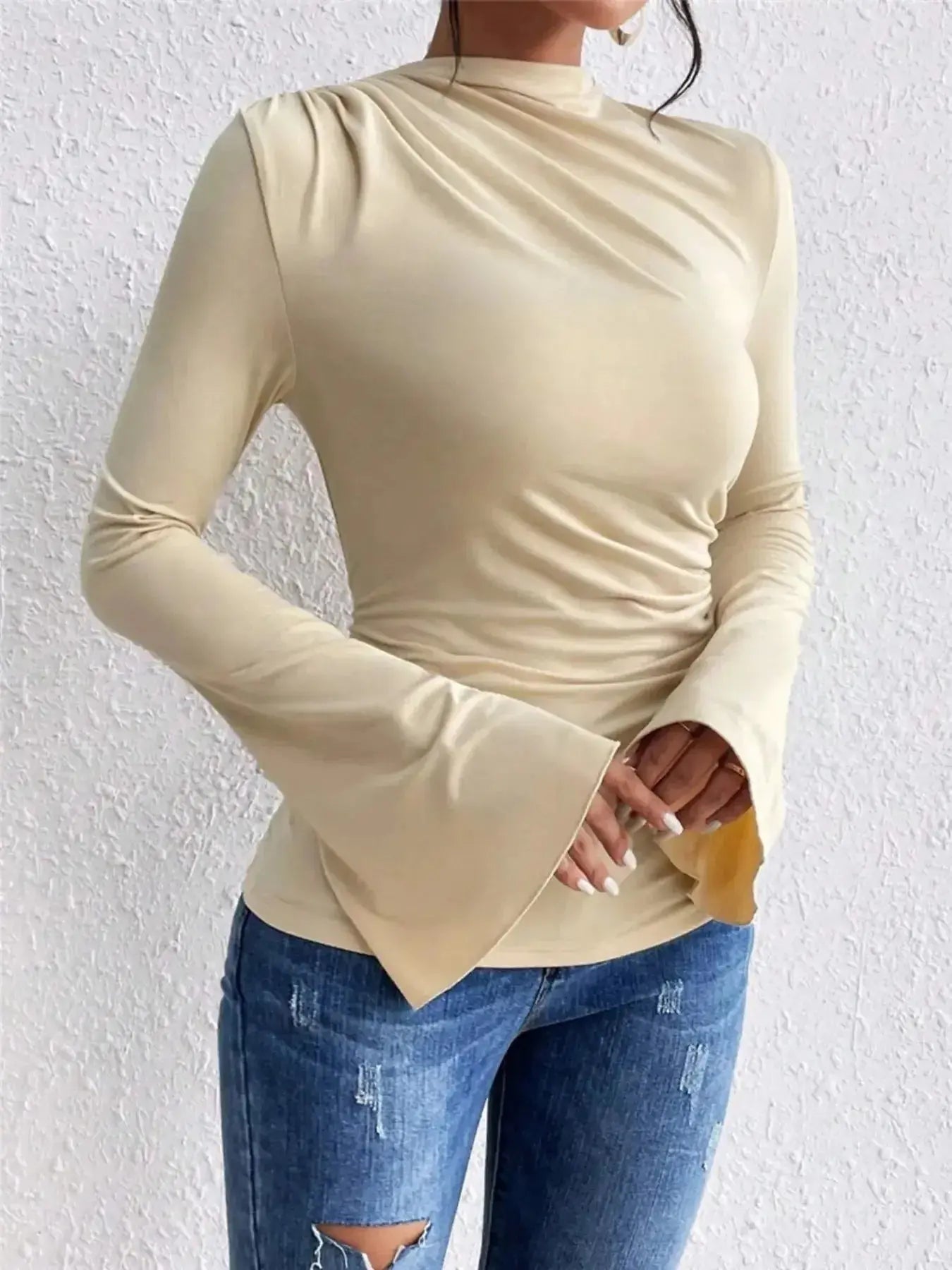 Bell Sleeve Ruched Fitted T-Shirt with Mock Neck - Plush Fashion Hub