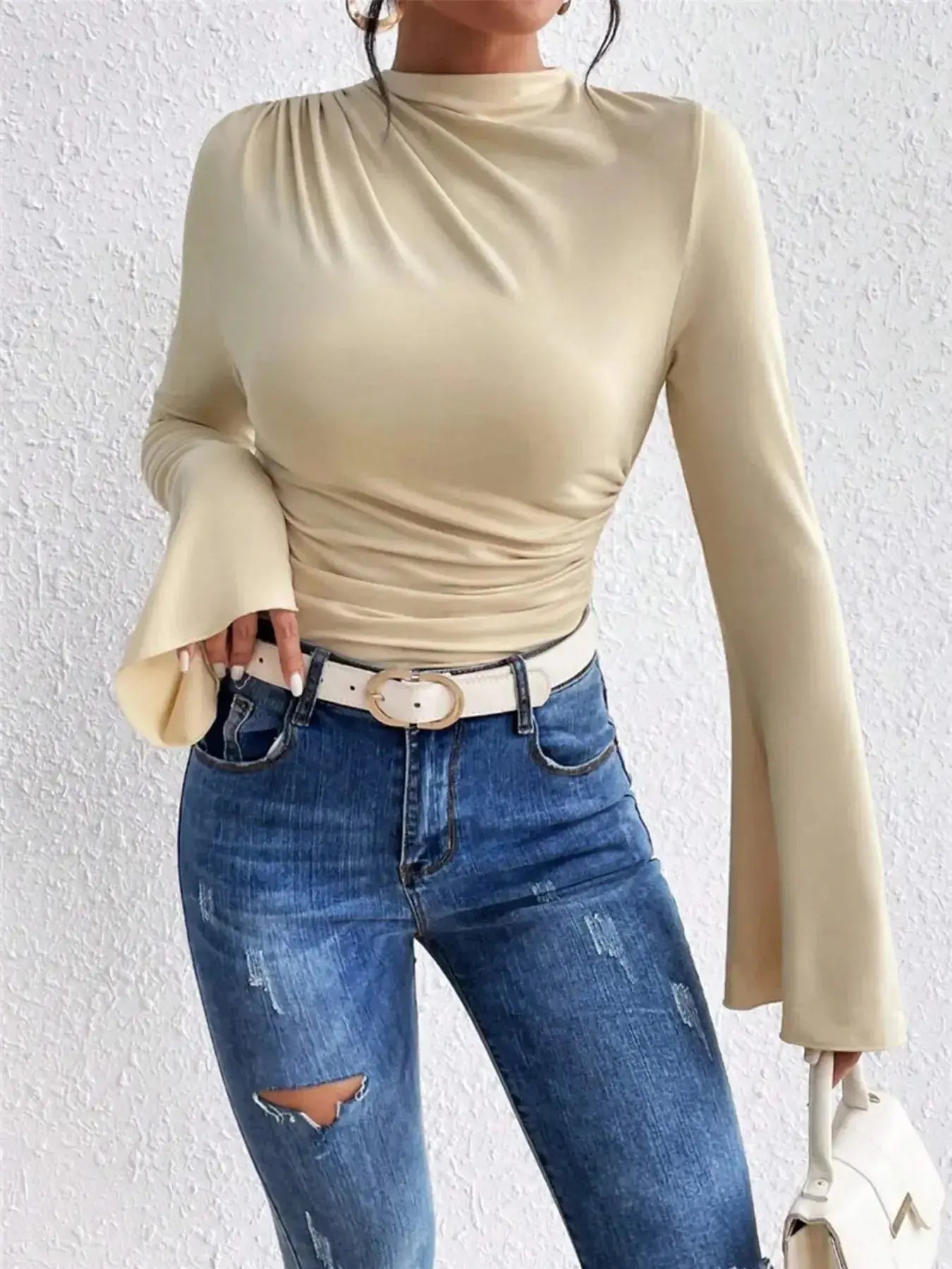 Bell Sleeve Ruched Fitted T-Shirt with Mock Neck - Plush Fashion Hub