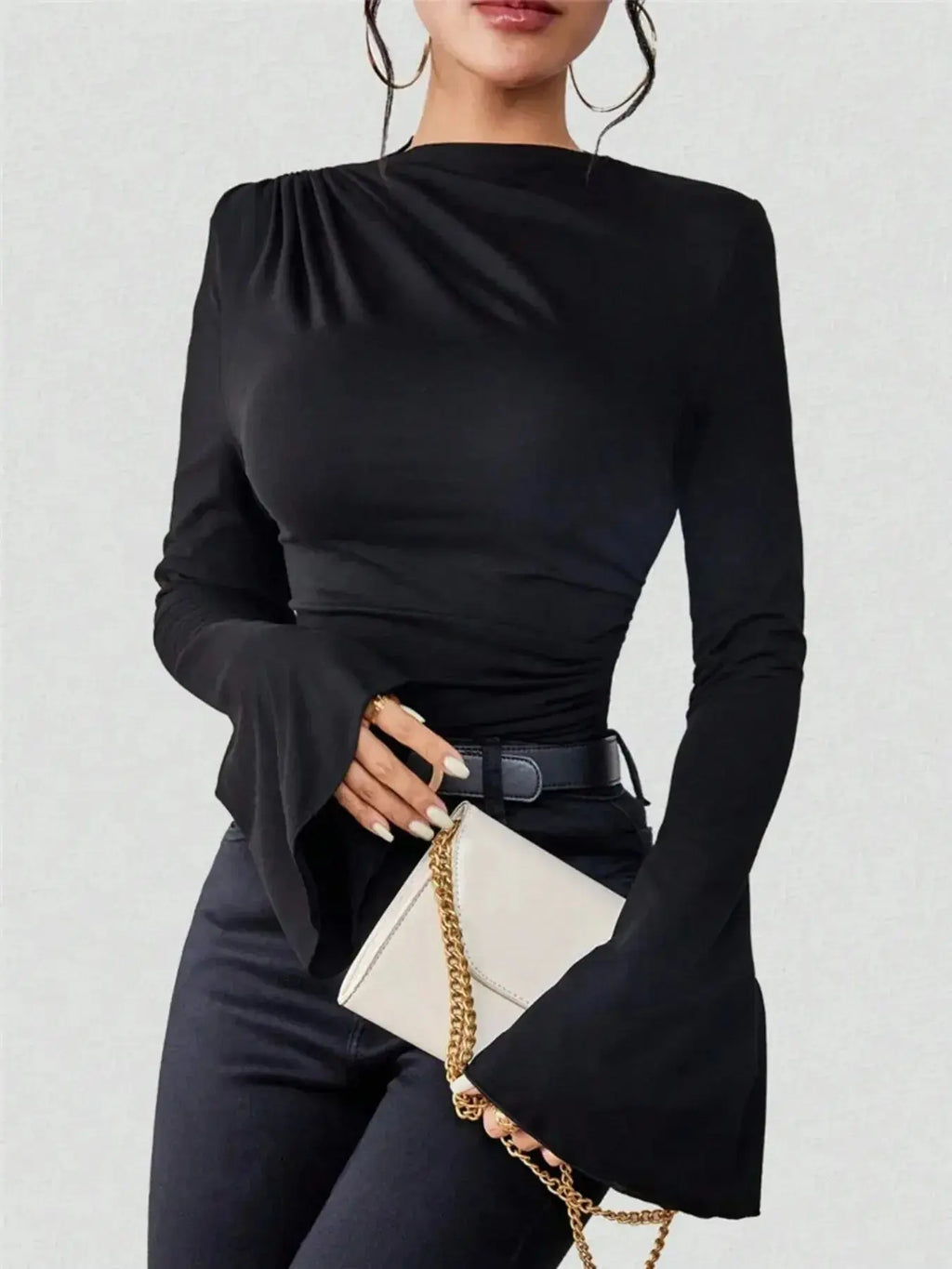 Bell Sleeve Ruched Fitted T-Shirt with Mock Neck - Plush Fashion Hub