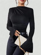 Bell Sleeve Ruched Fitted T-Shirt with Mock Neck - Plush Fashion Hub