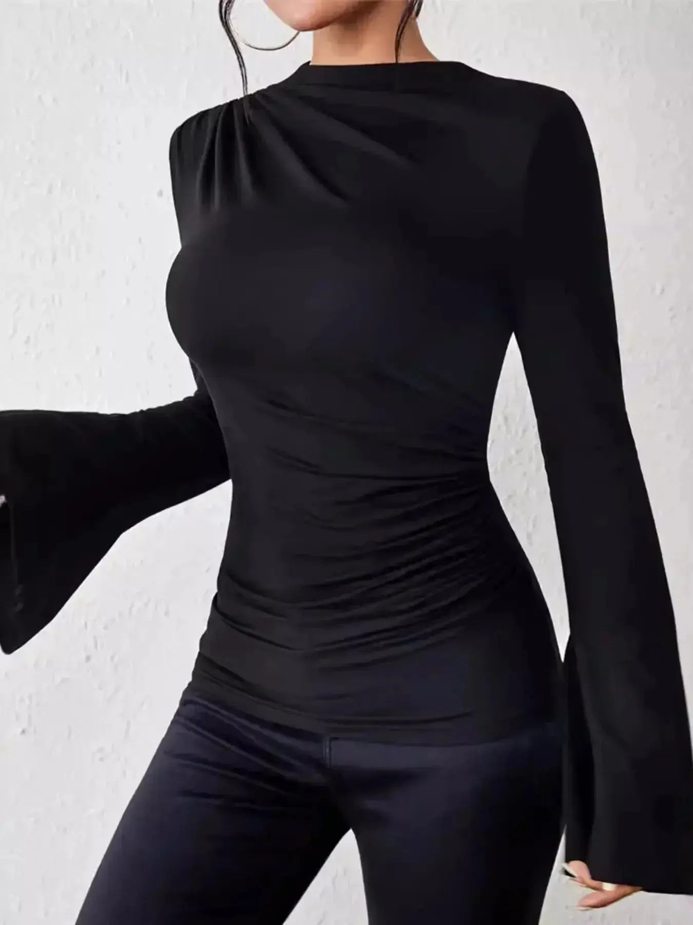 Bell Sleeve Ruched Fitted T-Shirt with Mock Neck - Plush Fashion Hub