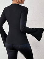Bell Sleeve Ruched Fitted T-Shirt with Mock Neck - Plush Fashion Hub