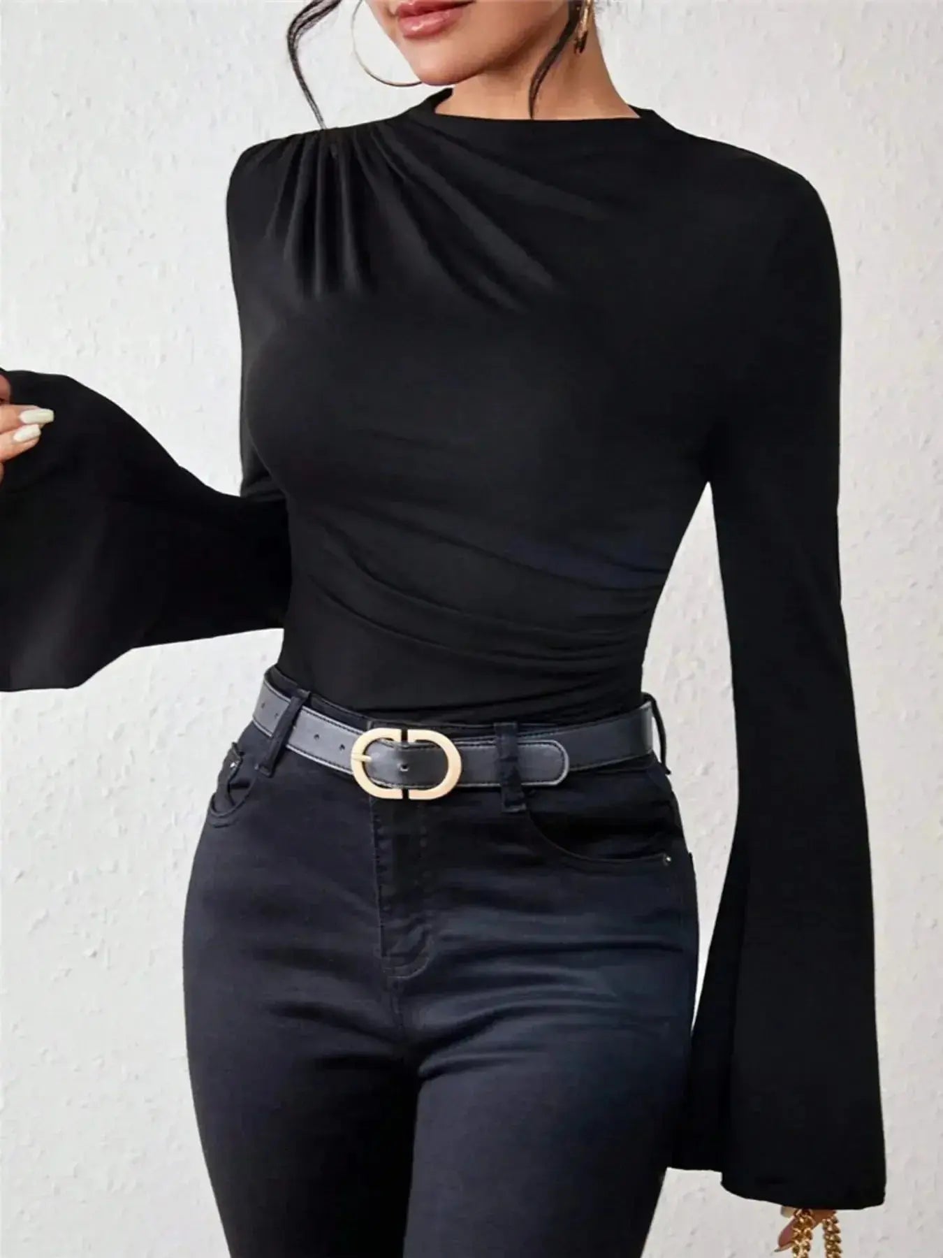 Bell Sleeve Ruched Fitted T-Shirt with Mock Neck - Plush Fashion Hub