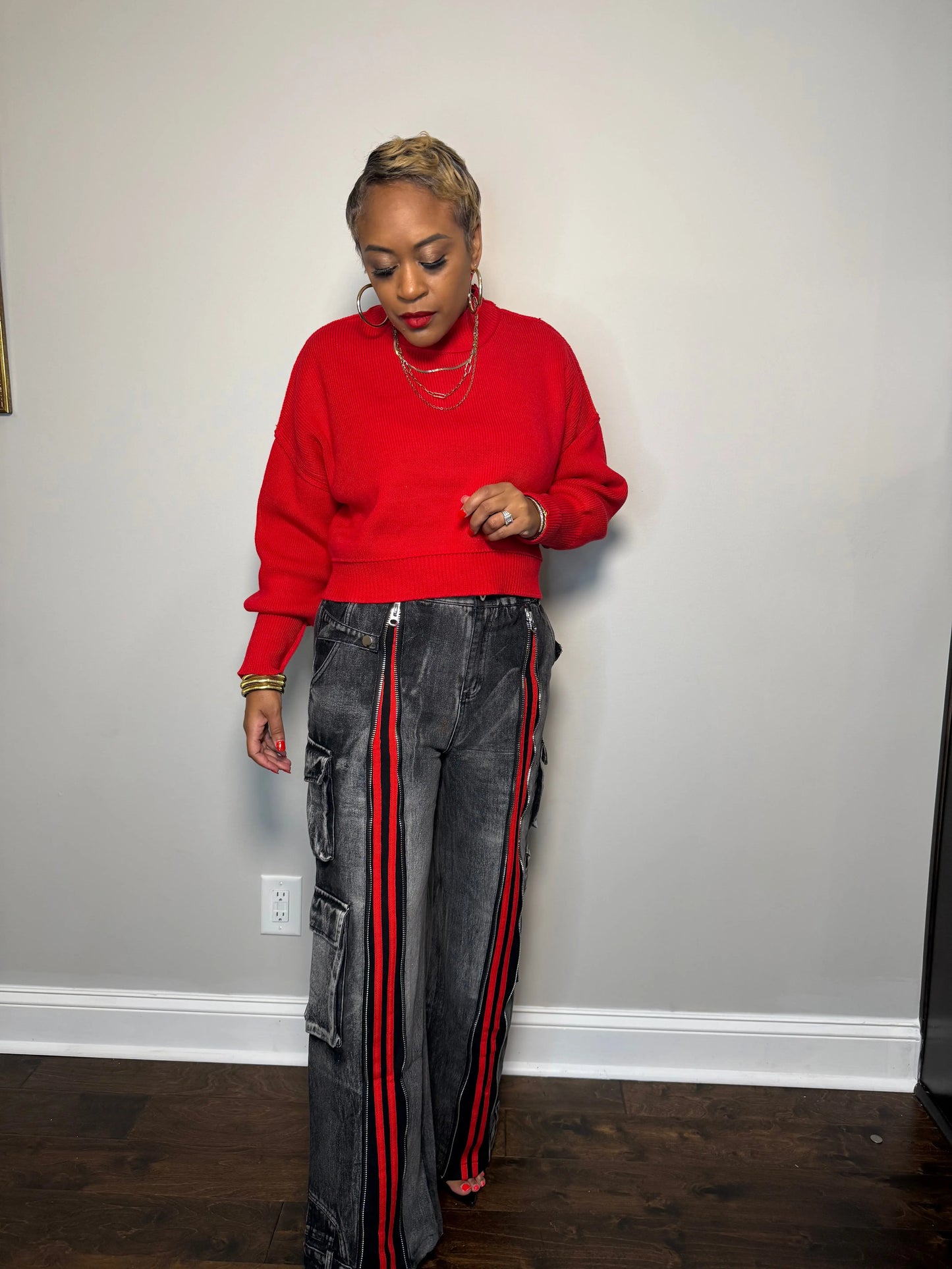 Black & Red Retro Front-Zip Baggy Denim Jeans Plush Fashion Hub