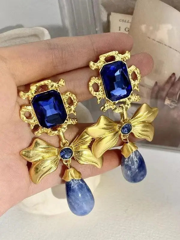 Bow Knot Rhinestone Handmade Blue Glass Earrings Plush Fashion Hub