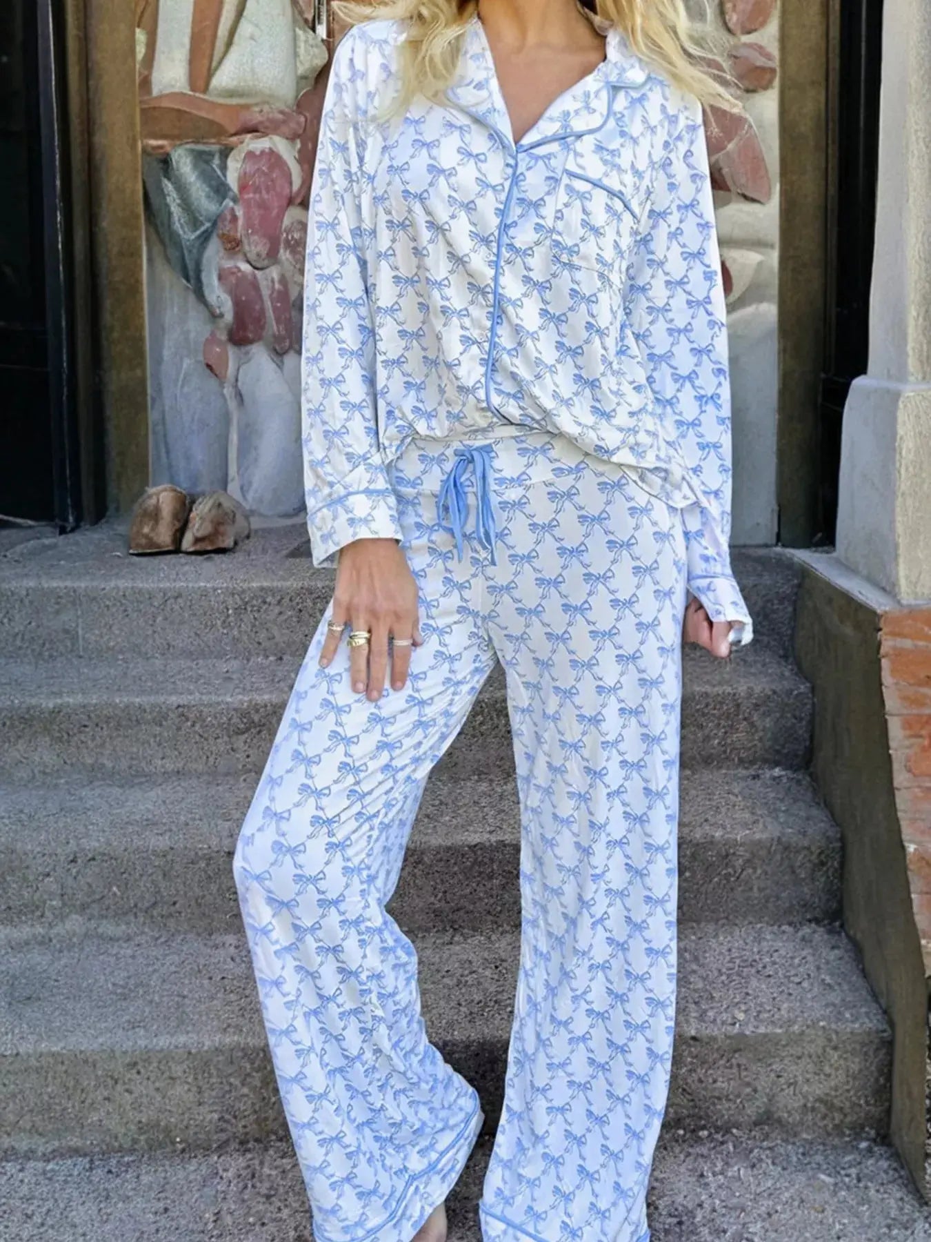 Bow Print Long Sleeve Shirt and Pants Pajama Set - Plush Fashion Hub