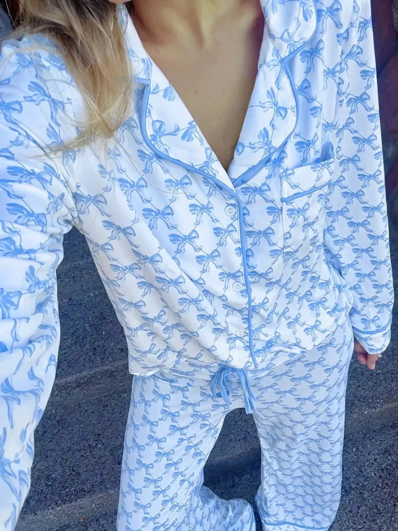 Bow Print Long Sleeve Shirt and Pants Pajama Set - Plush Fashion Hub