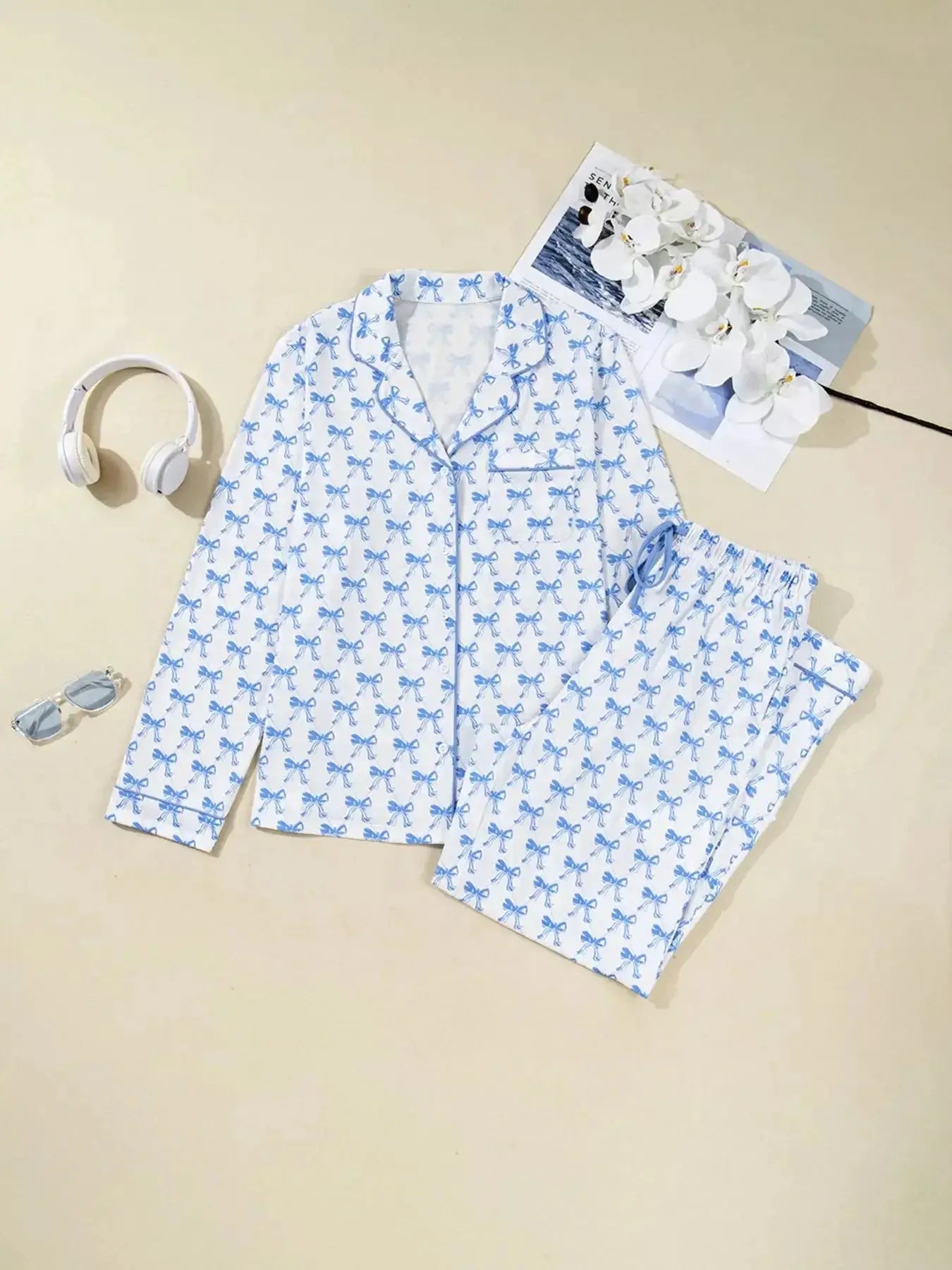 Bow Print Long Sleeve Shirt and Pants Pajama Set - Plush Fashion Hub