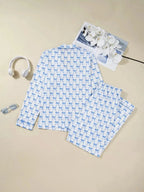 Bow Print Long Sleeve Shirt and Pants Pajama Set - Plush Fashion Hub