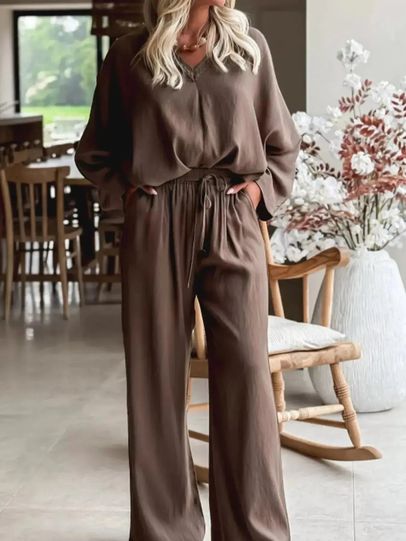 Braided V Neck Long Sleeve Loose Top and Drawstring High Waist Pants 2pcs Outfit - Plush Fashion Hub