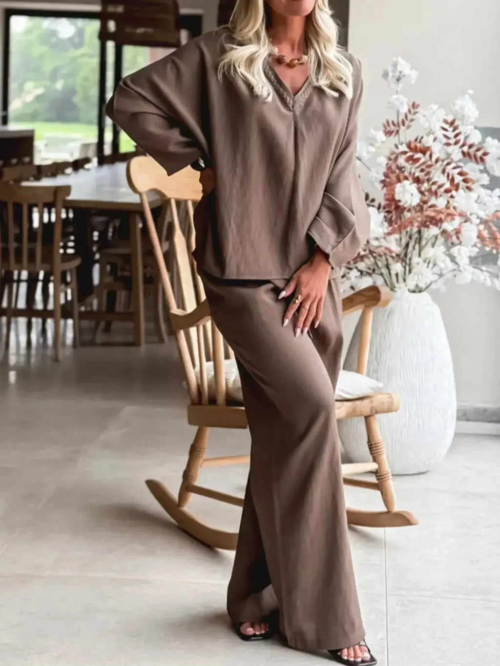 Braided V Neck Long Sleeve Loose Top and Drawstring High Waist Pants 2pcs Outfit - Plush Fashion Hub