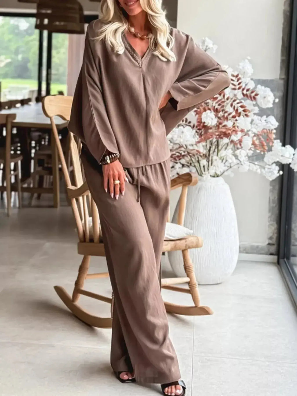 Braided V Neck Long Sleeve Loose Top and Drawstring High Waist Pants 2pcs Outfit - Plush Fashion Hub