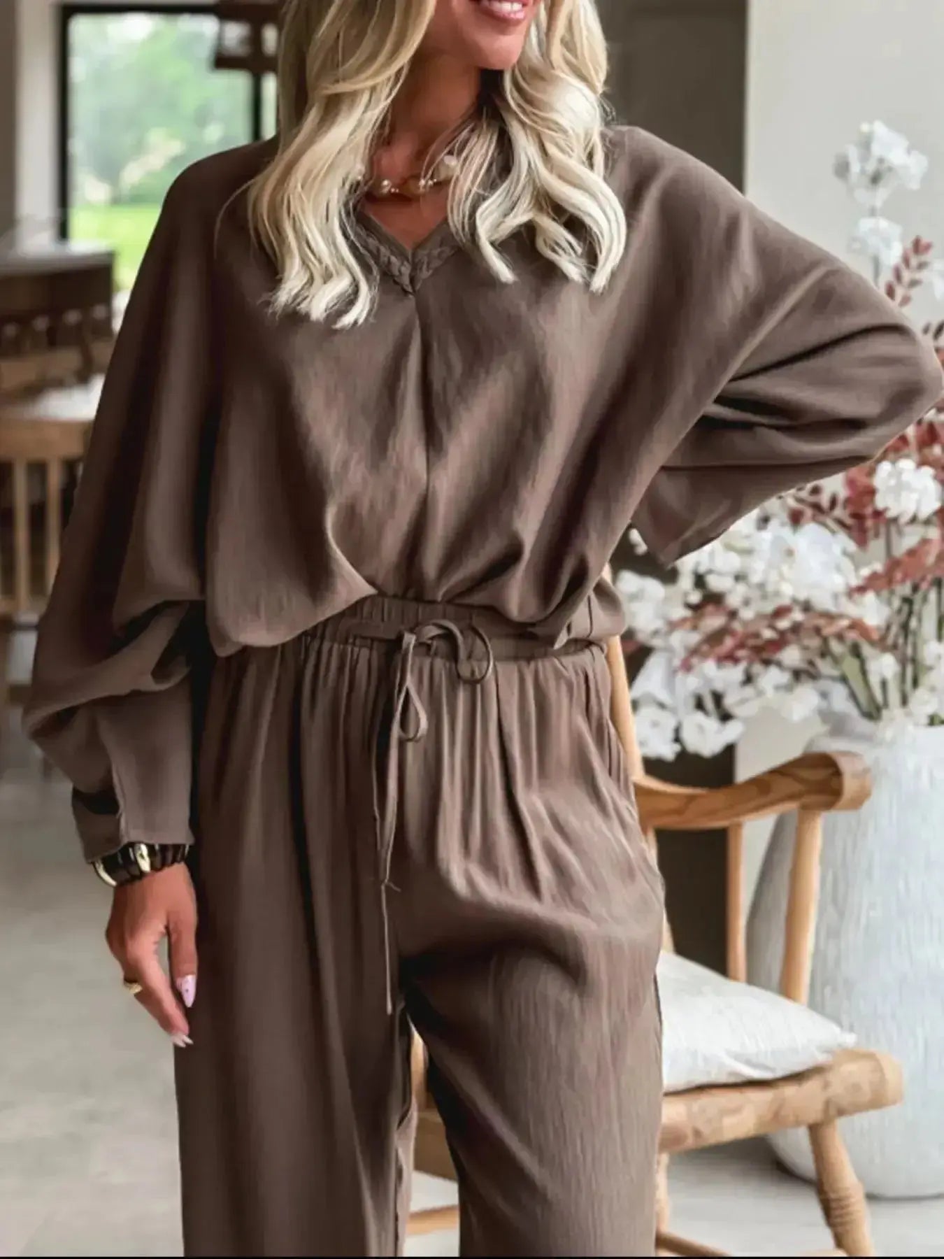 Braided V Neck Long Sleeve Loose Top and Drawstring High Waist Pants 2pcs Outfit - Plush Fashion Hub