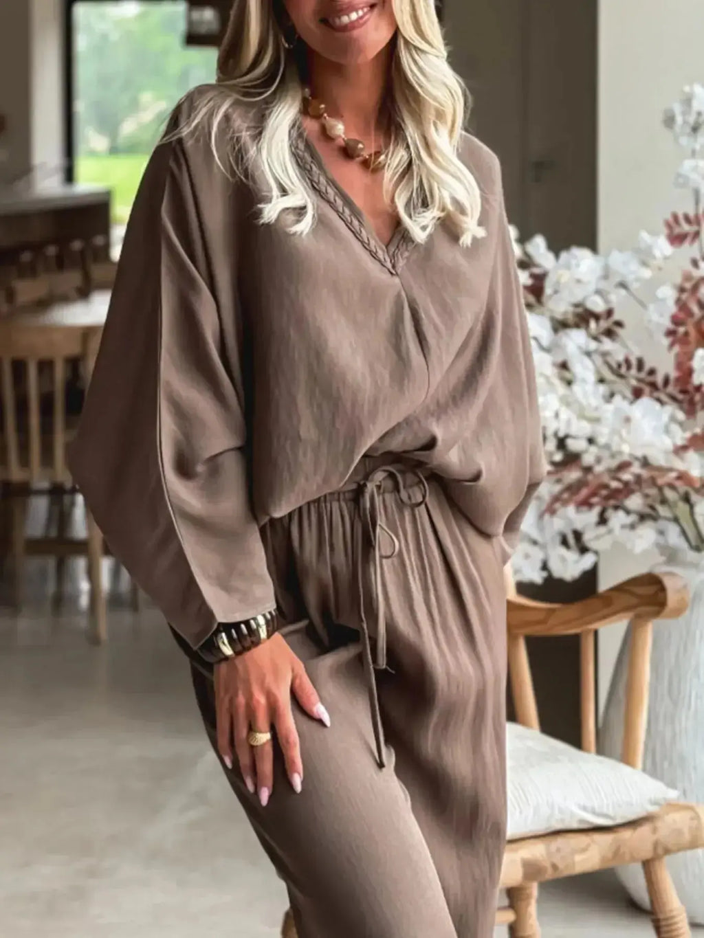 Braided V Neck Long Sleeve Loose Top and Drawstring High Waist Pants 2pcs Outfit - Plush Fashion Hub