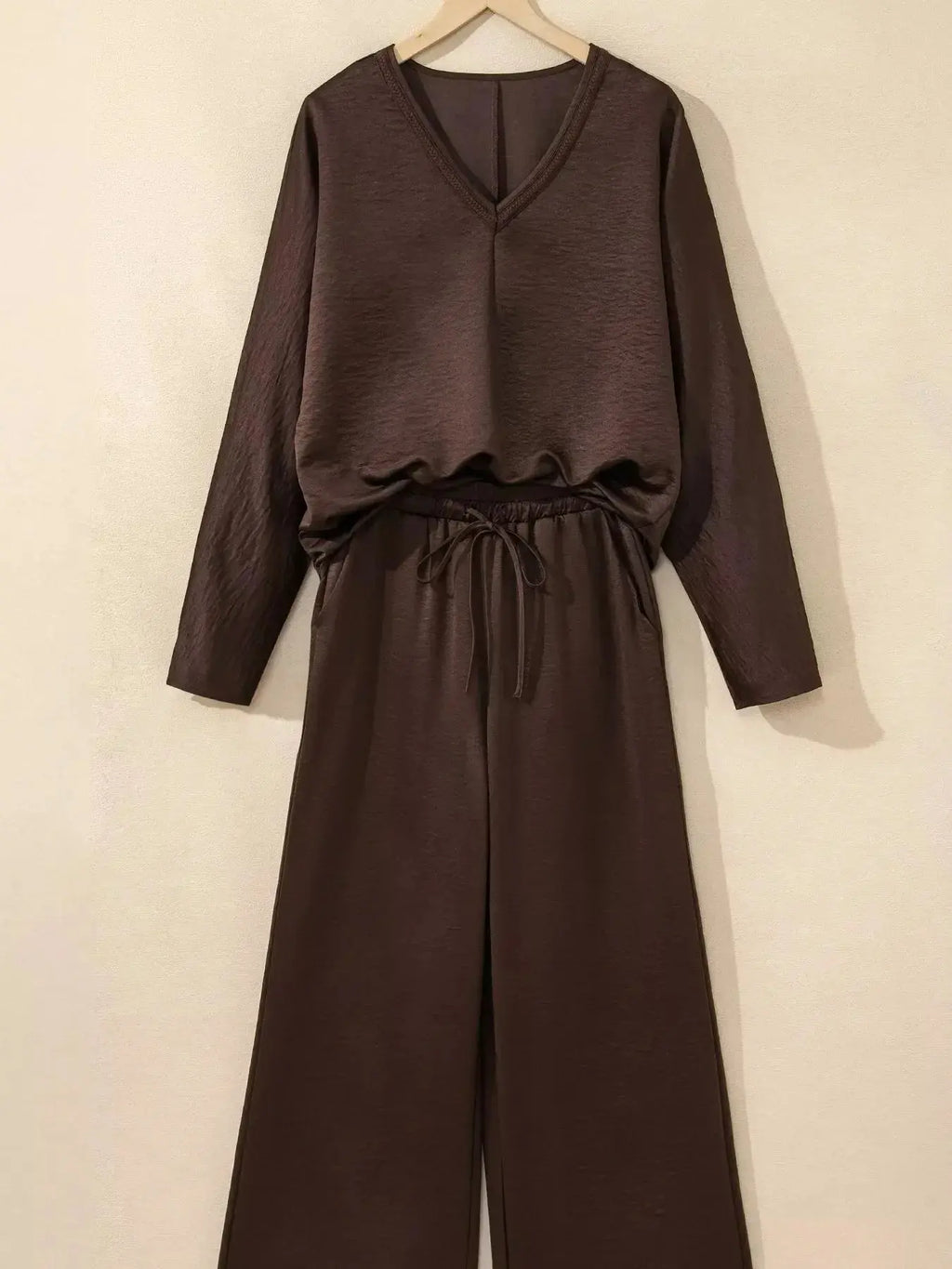 Braided V Neck Long Sleeve Loose Top and Drawstring High Waist Pants 2pcs Outfit - Plush Fashion Hub