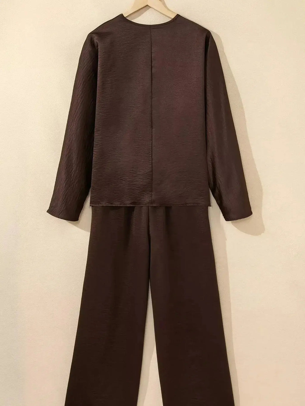Braided V Neck Long Sleeve Loose Top and Drawstring High Waist Pants 2pcs Outfit - Plush Fashion Hub