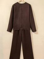 Braided V Neck Long Sleeve Loose Top and Drawstring High Waist Pants 2pcs Outfit - Plush Fashion Hub