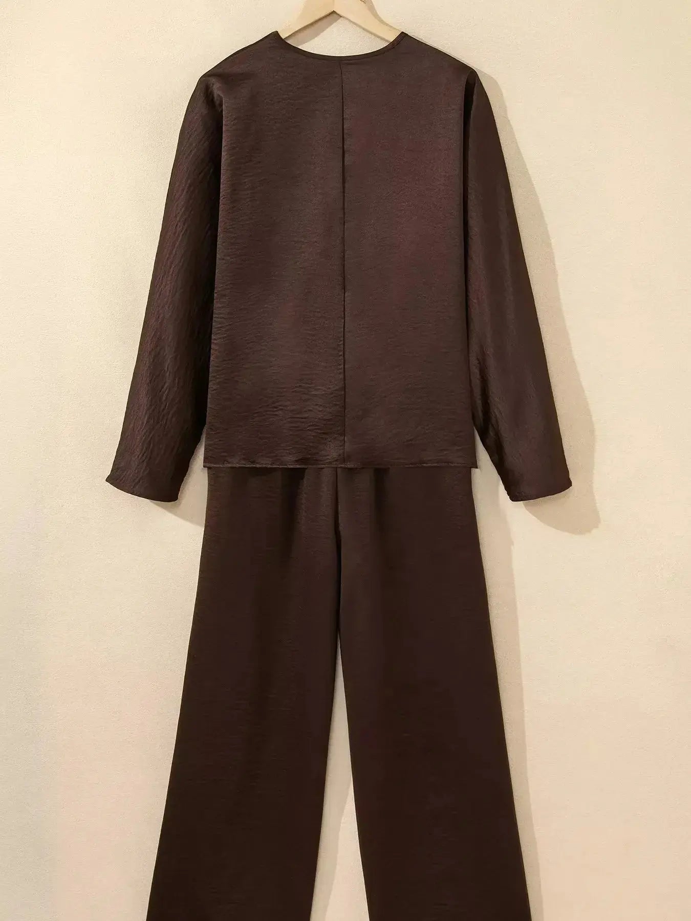 Braided V Neck Long Sleeve Loose Top and Drawstring High Waist Pants 2pcs Outfit - Plush Fashion Hub