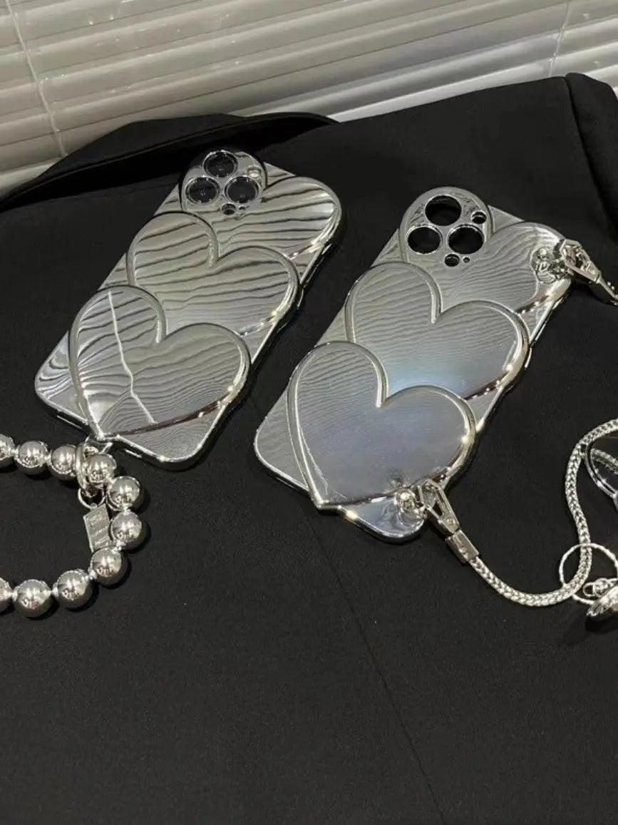 Bright Silver Heart Mirror Hand Chain Phone Case Plush Fashion Hub