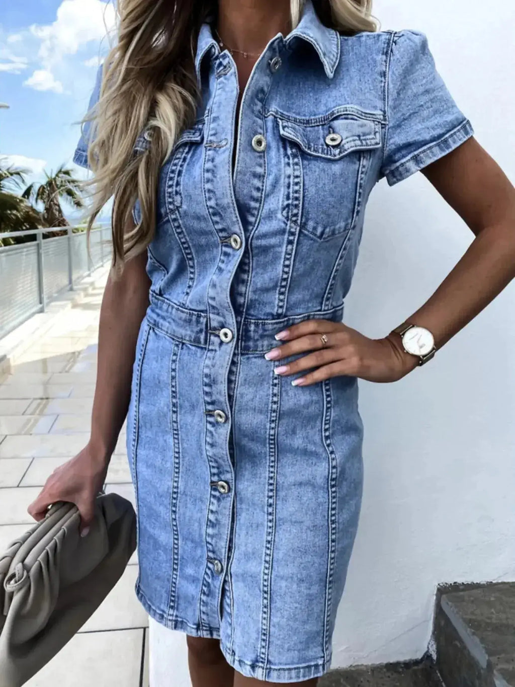 Button-front short sleeve denim midi dress by Trendsi, soft stretch casual denim dress with a button closure and midi length.