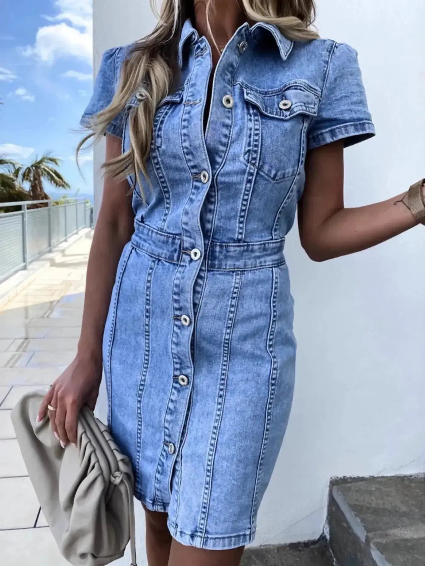 Button-front short sleeve denim midi dress by Trendsi featuring soft stretch fabric and casual style.