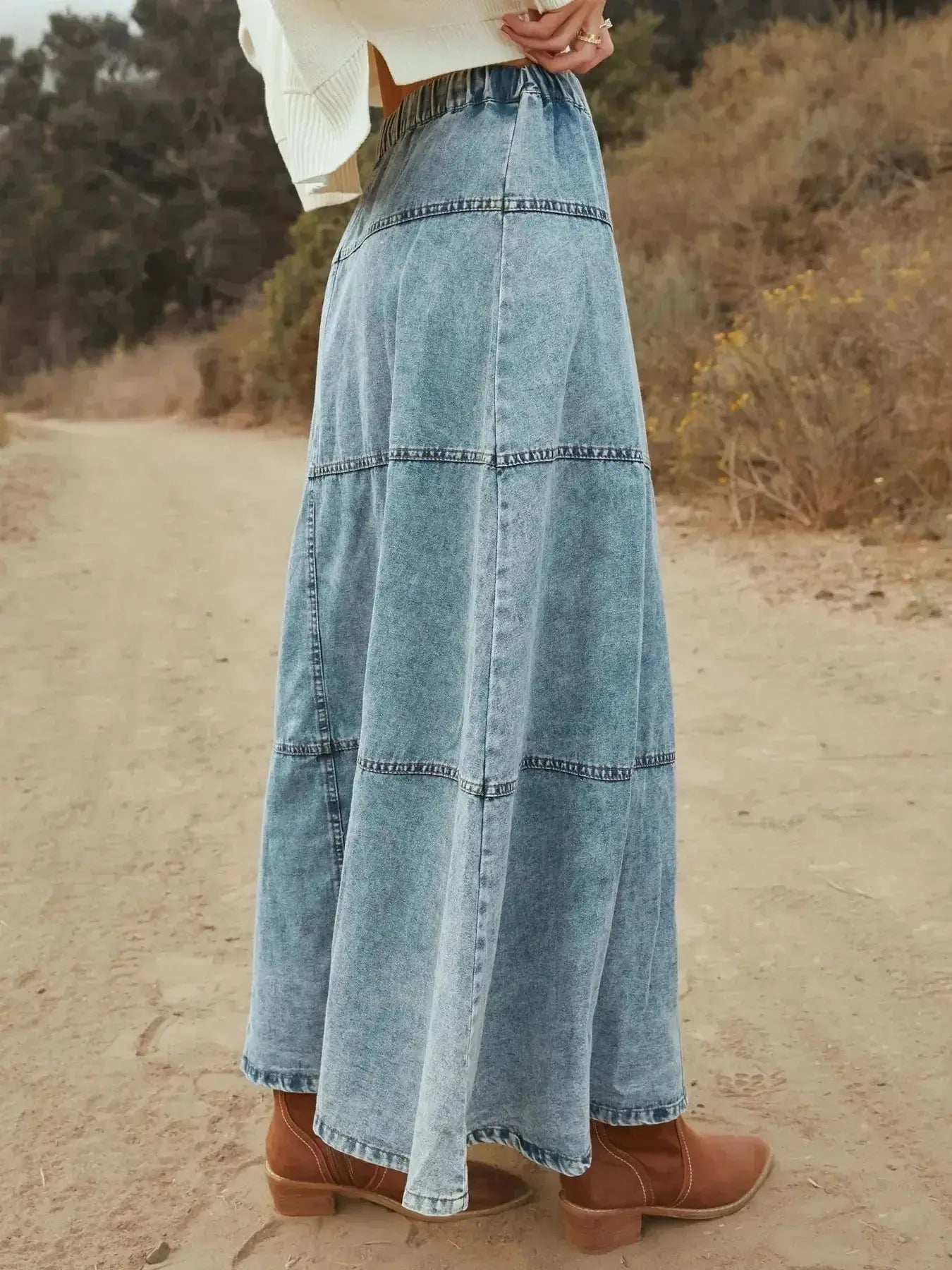 Button-Front Tiered Maxi Denim Skirt - Plush Fashion Hub