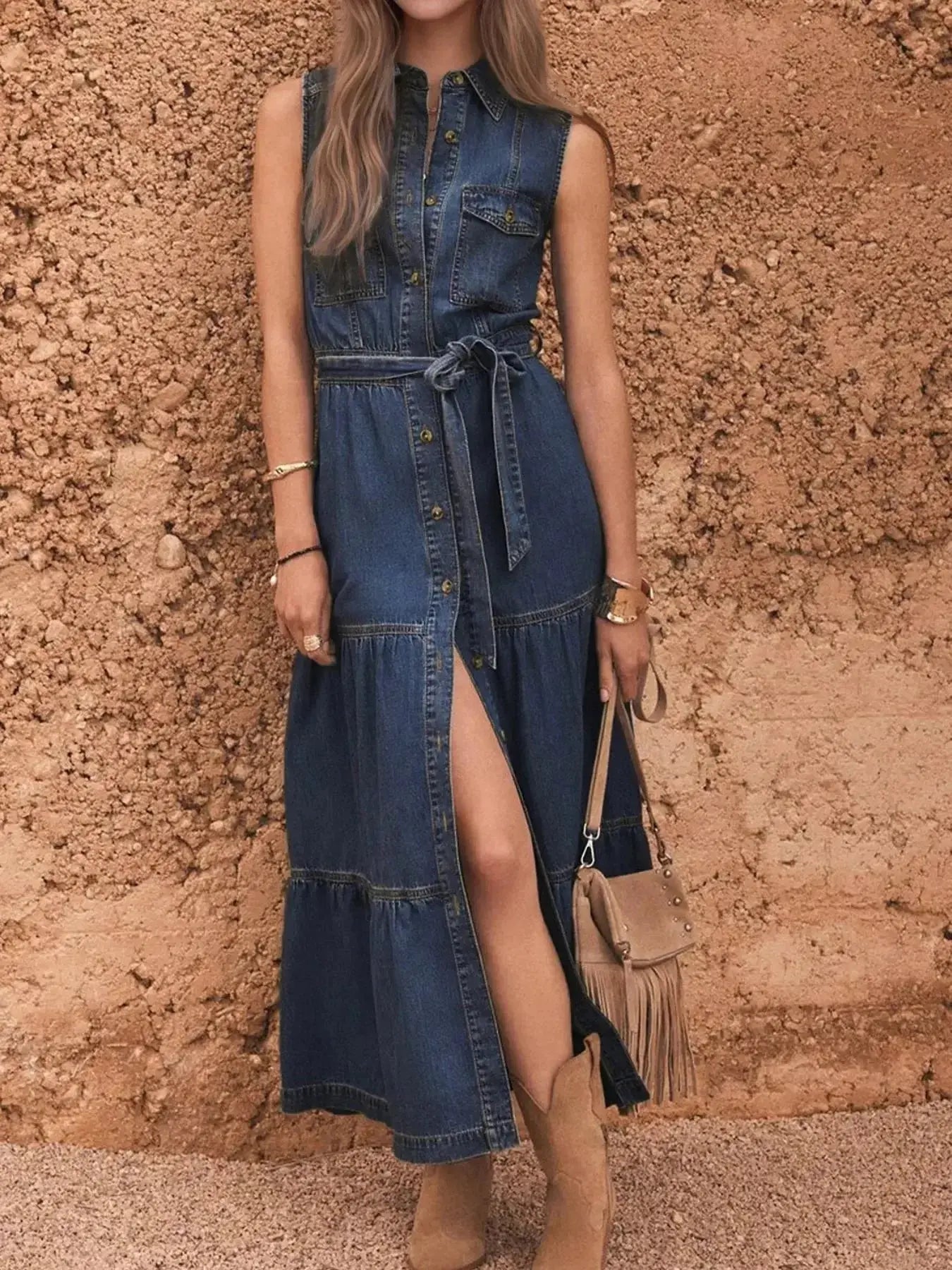 Button Front Sleeveless Denim Dress - Plush Fashion Hub