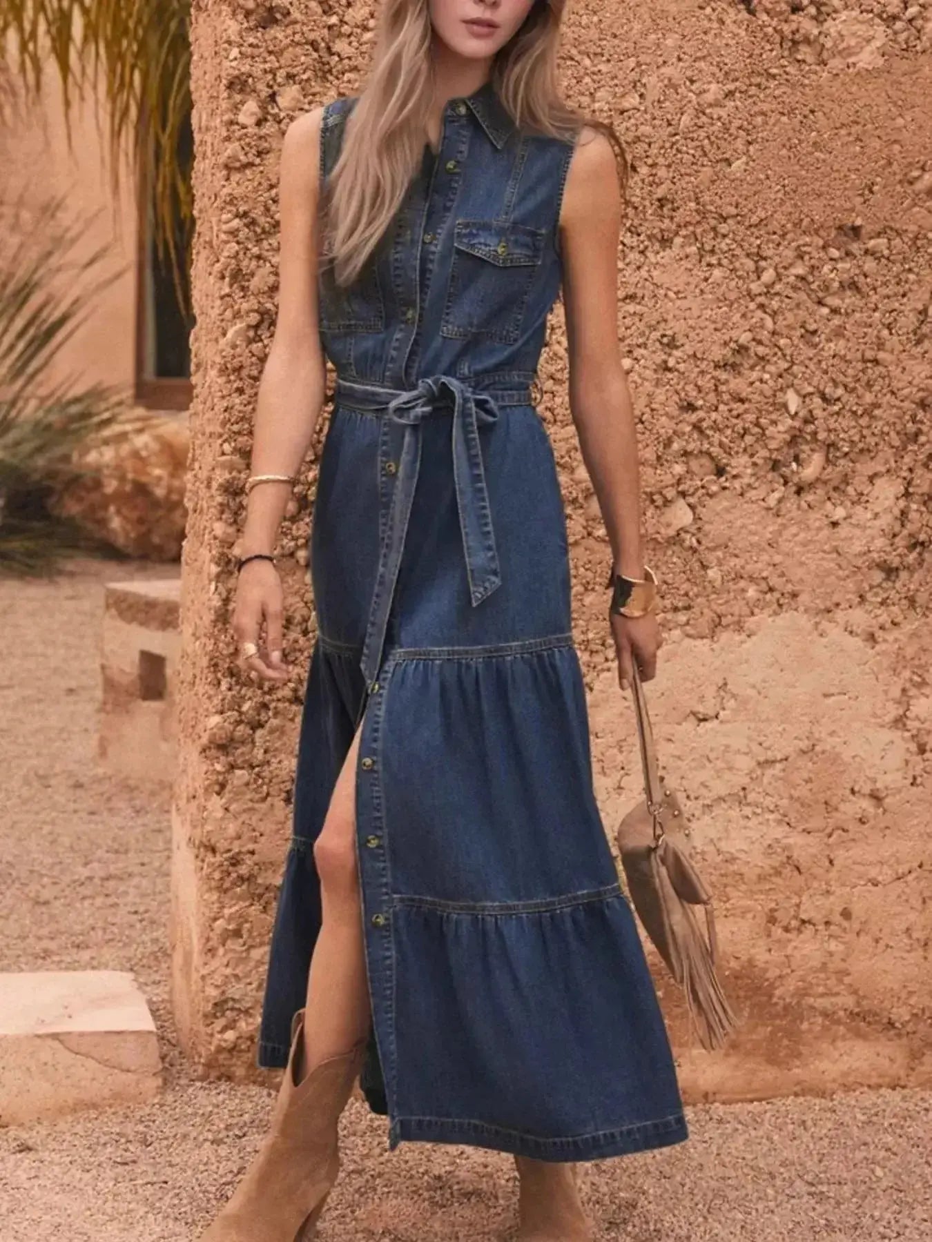 Button Front Sleeveless Denim Dress - Plush Fashion Hub