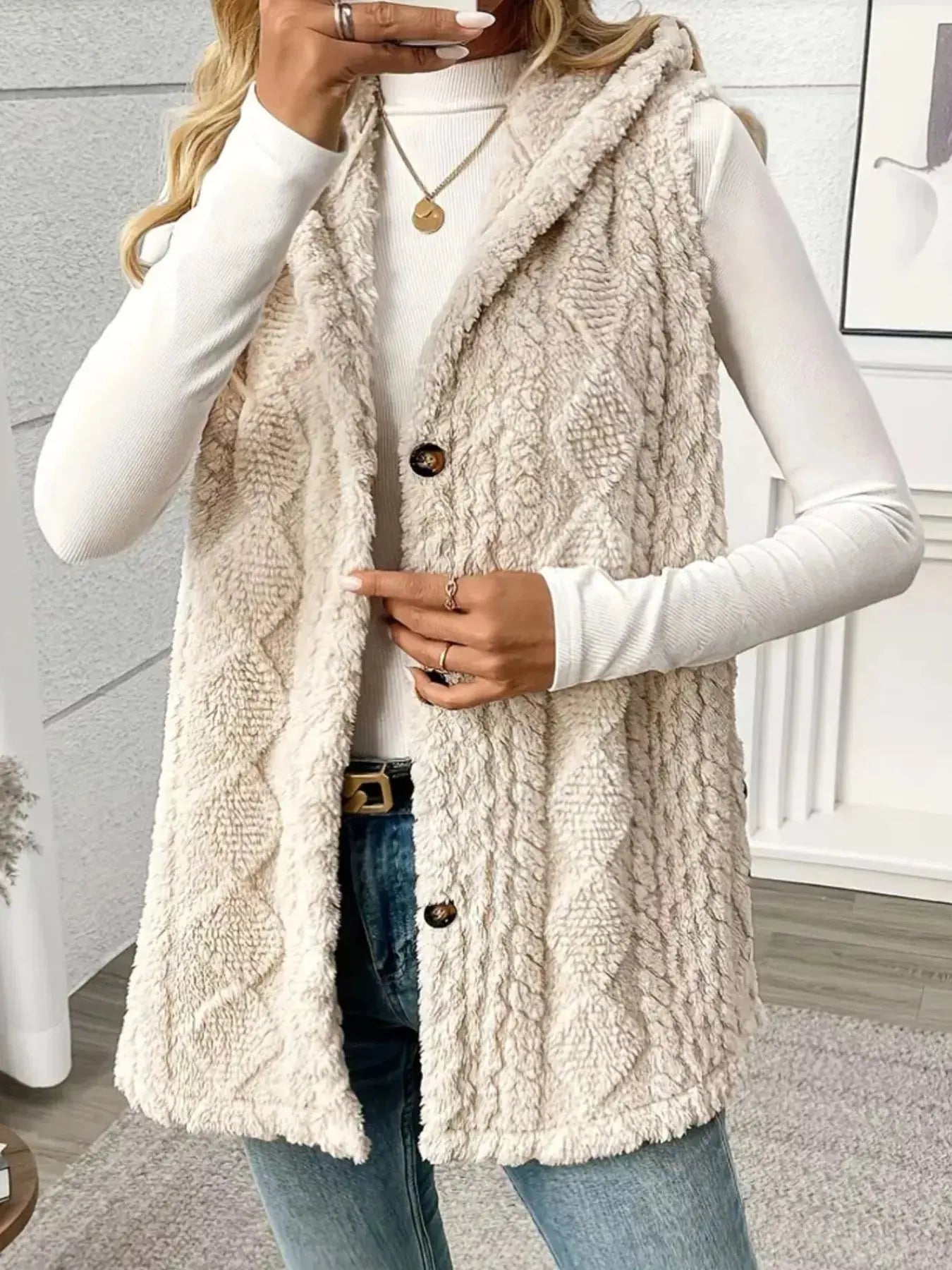 Button Up Plush Hooded Vest Coat - Plush Fashion Hub