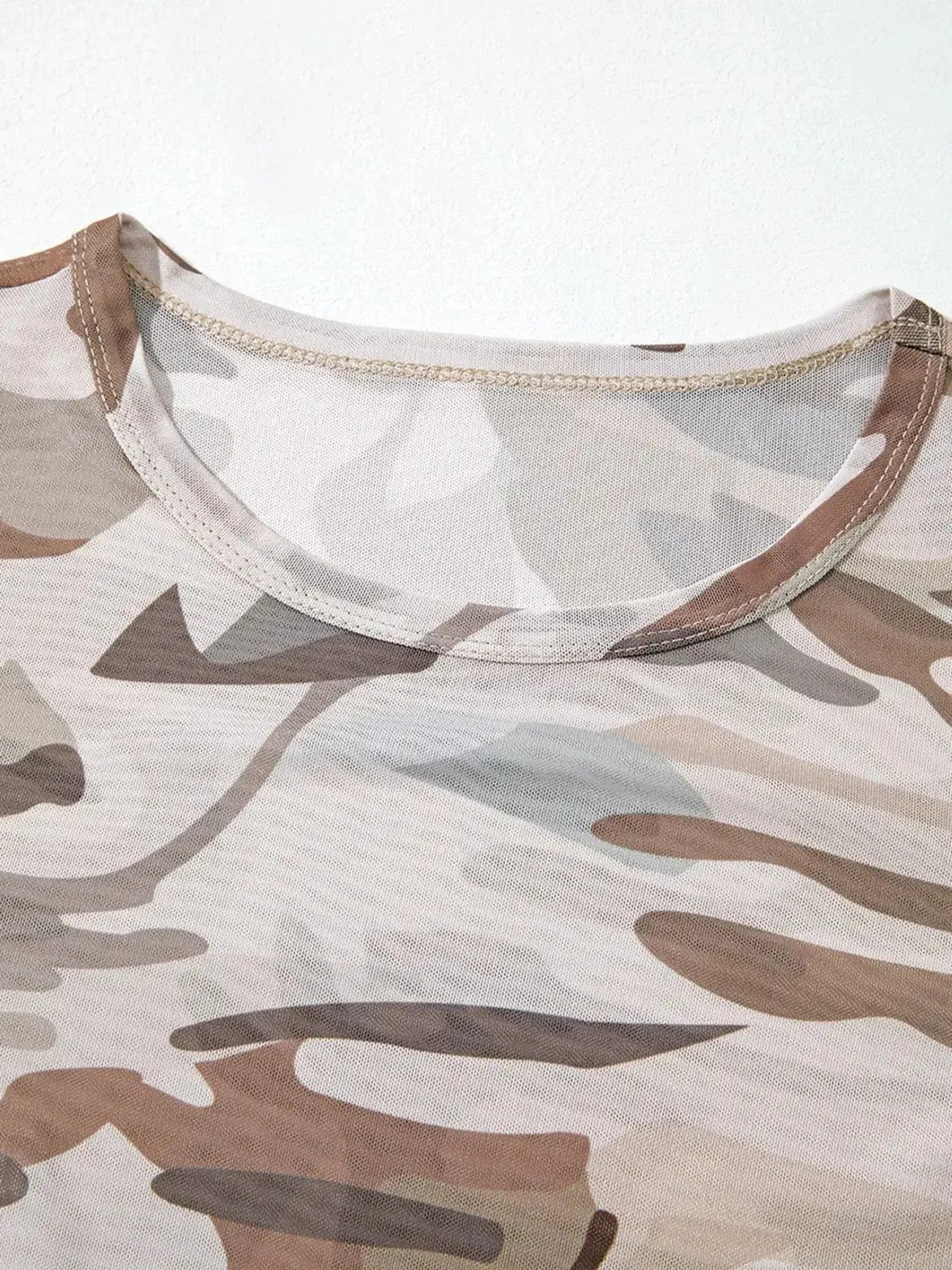 Camouflage Print Mesh Long Sleeve Top - Plush Fashion Hub